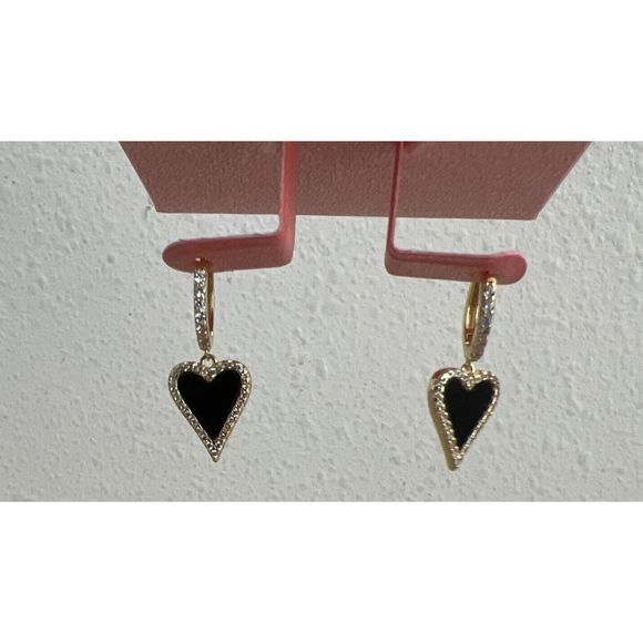 RACHEL ZOE STERLING SILVER GOLD TONE ONYX & CZ HEART HUGGIE EARRINGS~NIB! - Picture 10 of 11